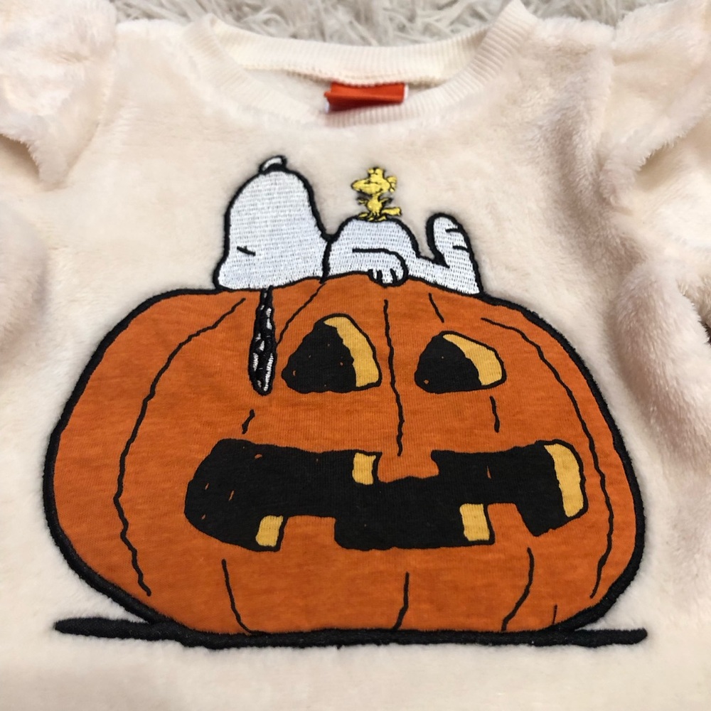 Peanuts Snoopy Halloween Pumpkin Jack O Lantern Long Sleeve Ruffle Top 18M - Picture 2 of 7